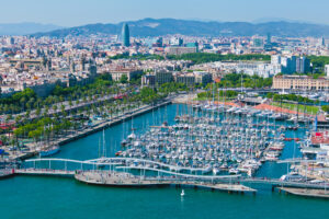 Barcelona port view from the air. Luxurious port in Barcelona, Spain.