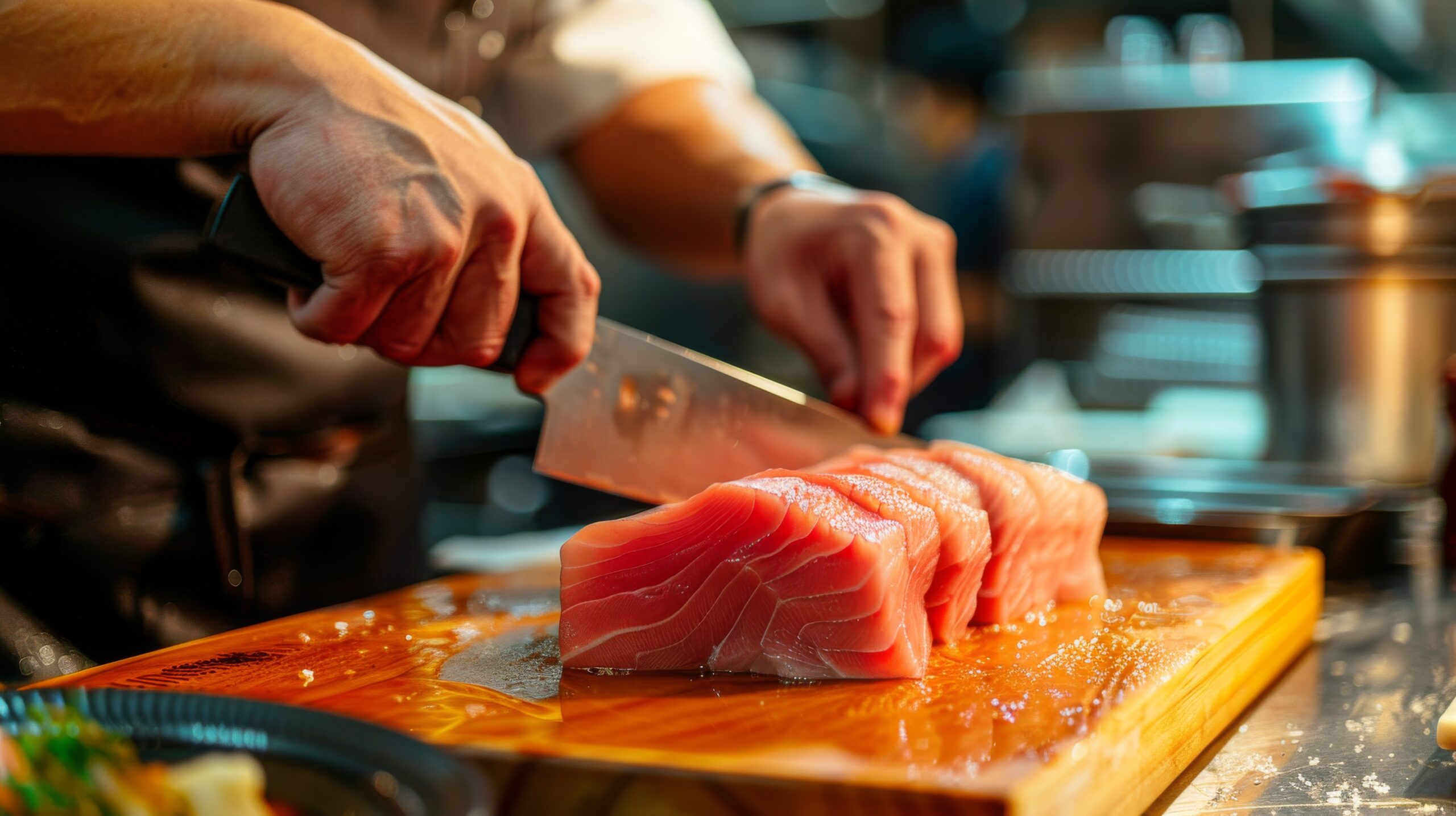 A chef is cutting up a piece of fish on a wooden cutting board. Concept of focus and precision as the chef carefully slices the fish. The scene suggests a moment of culinary artistry