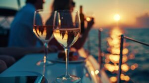 Champagne wine glass on luxury yacht in sea.