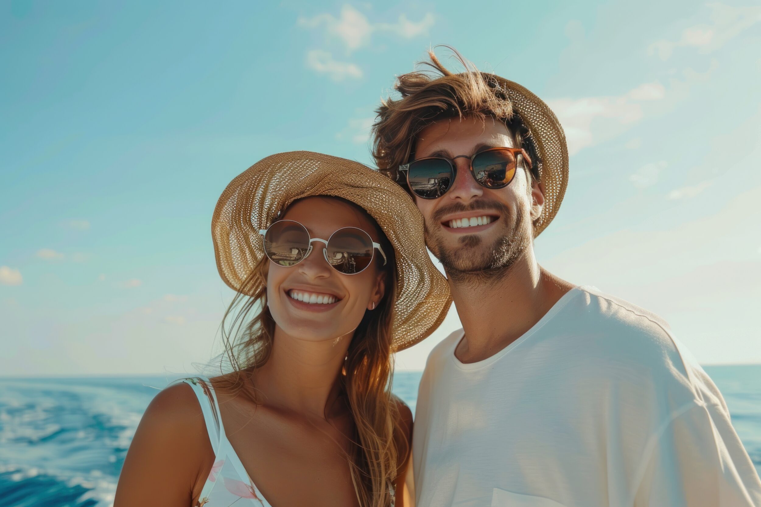 couple going on yacht in summer. Happy young travelers going on cruise together.