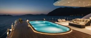 A luxury yacht anchored in a secluded bay with an infinity pool and party lights visible on deck