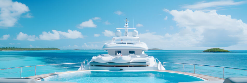 Swimming pool with sunbeds and luxury yachts on background