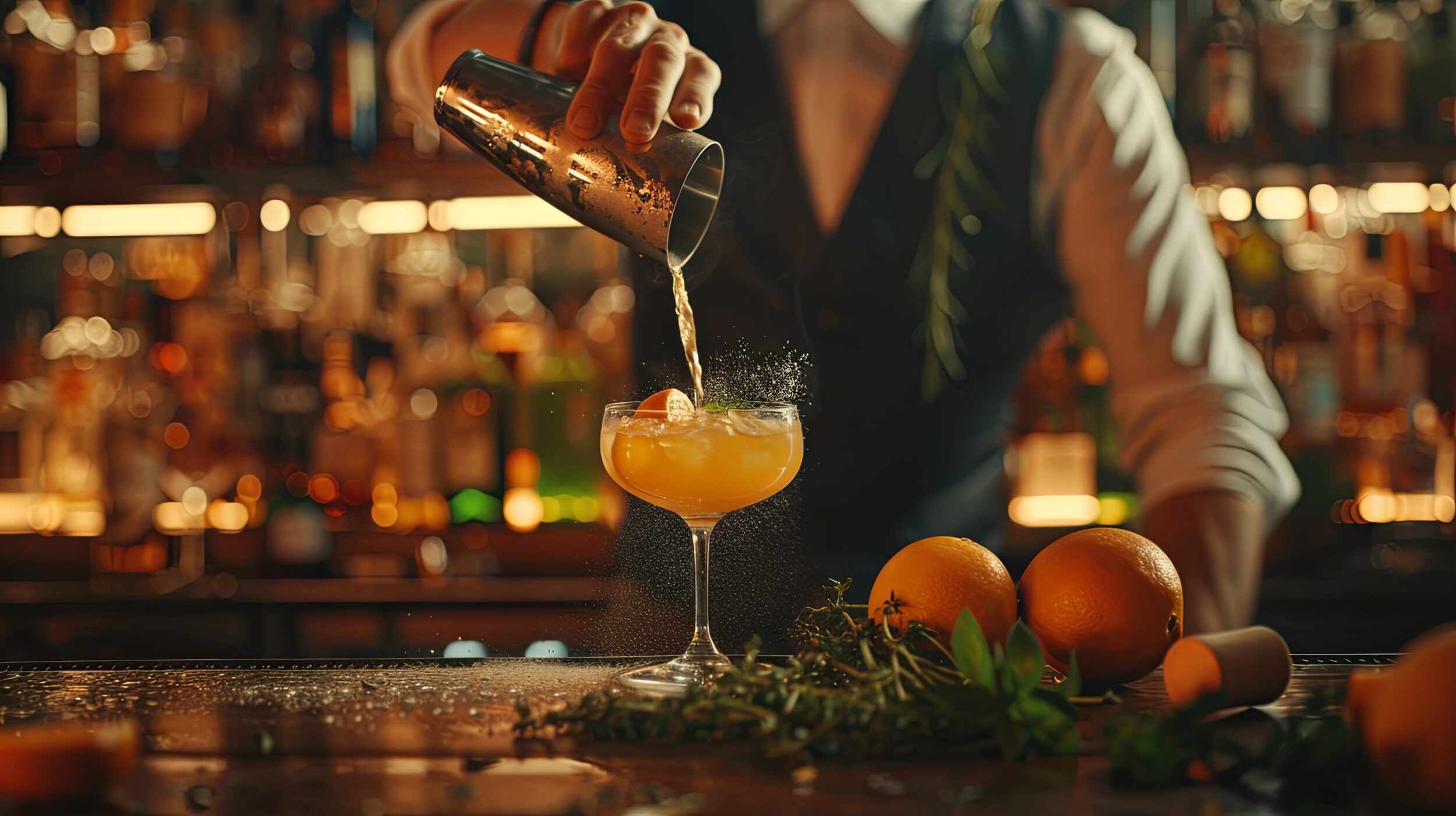 Elegant Bartender Crafts Exquisite Cocktail Amidst Luxurious Bar