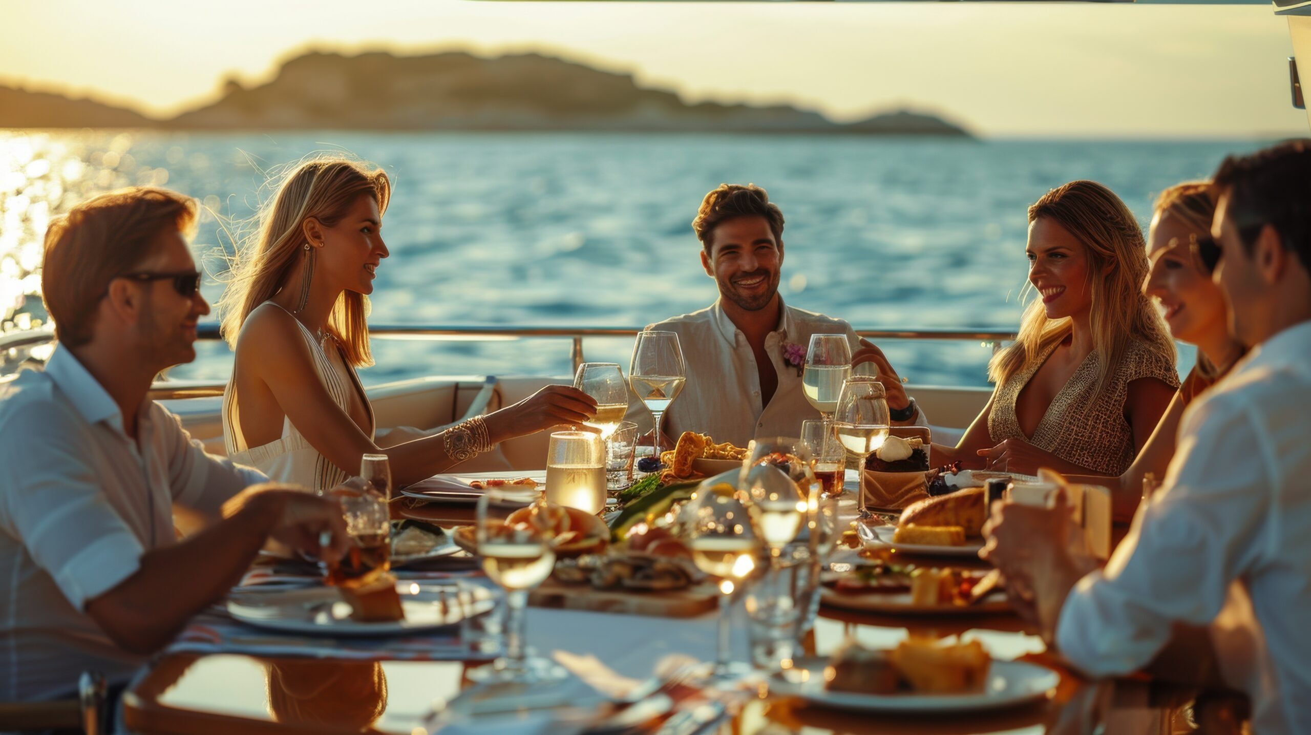 A group of people are enjoying a meal on a superyacht