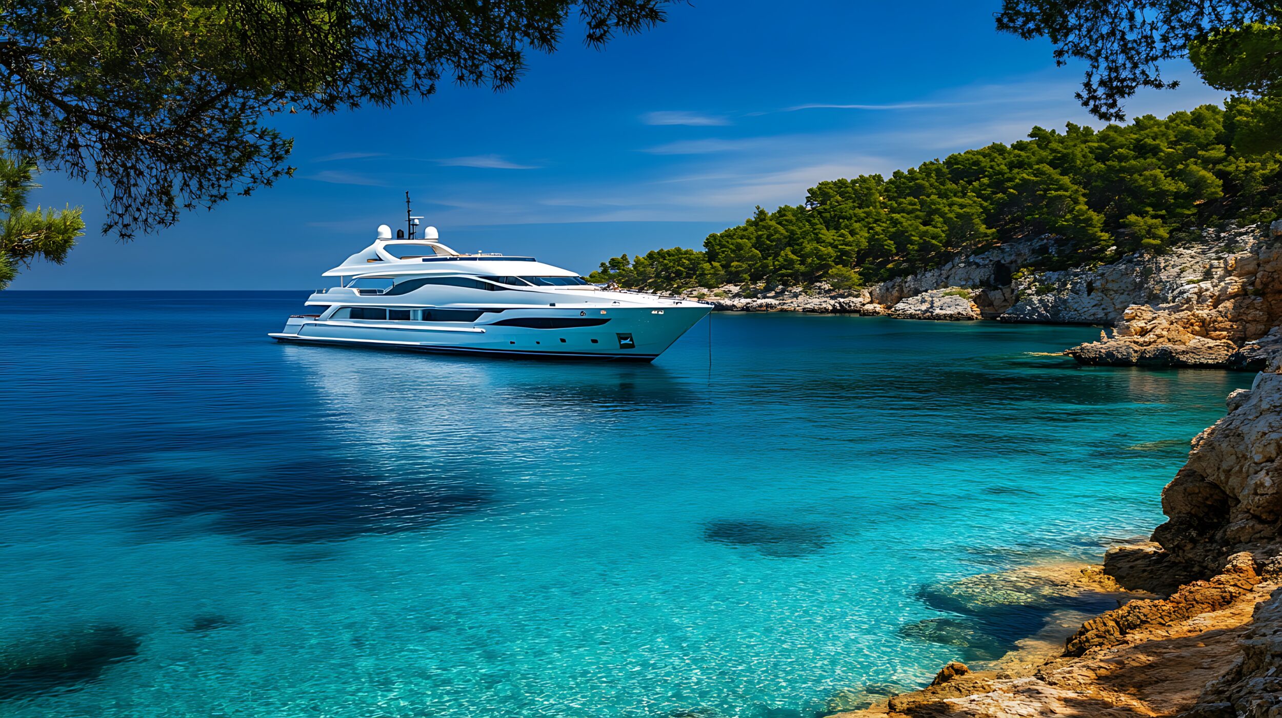 A luxury yacht anchored in a tranquil bay, with the clear blue sea surrounding it