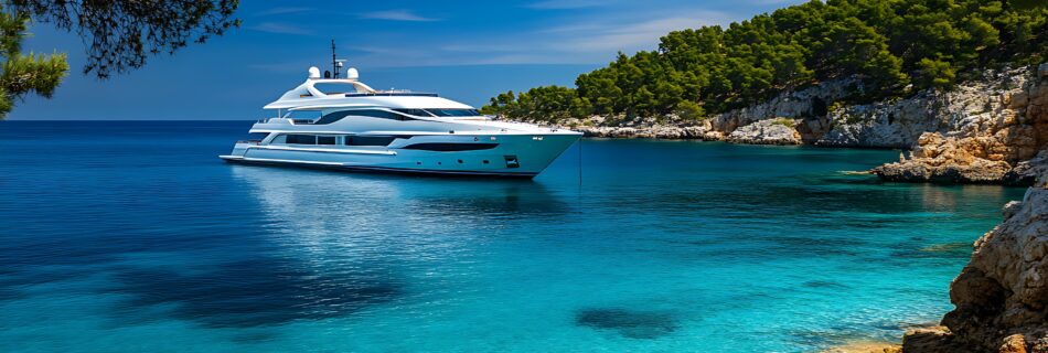 A luxury yacht anchored in a tranquil bay, with the clear blue sea surrounding it