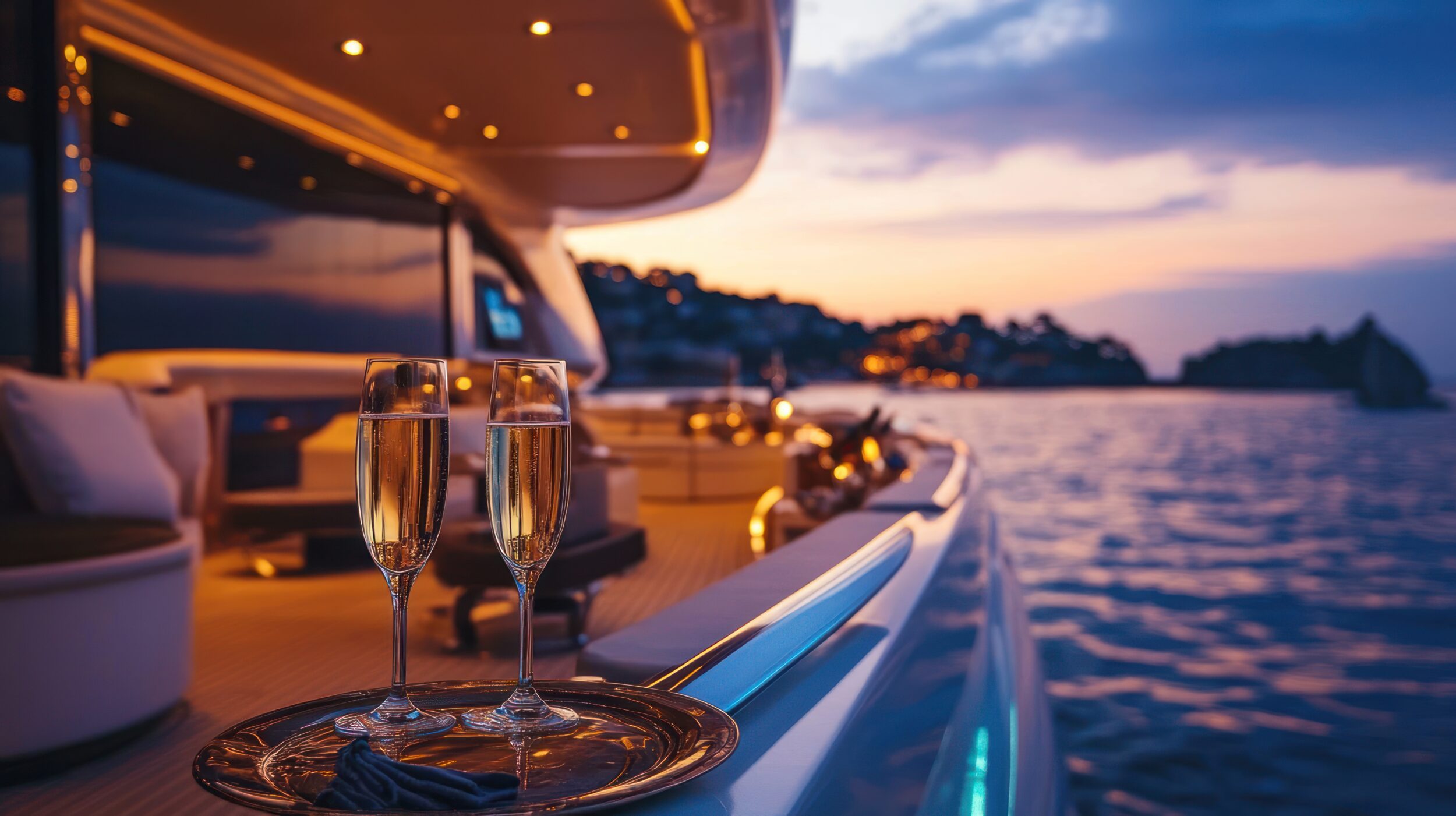 Two champagne flutes on a silver tray on the deck of a yacht at sunset.