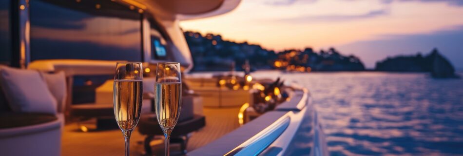 Two champagne flutes on a silver tray on the deck of a yacht at sunset.